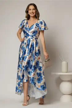 Rochie asimetrica din satin cu imprimeuri albastre si decolteu petrecut imagine