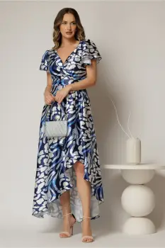 Rochie asimetrica din satin cu imprimeuri bleumarin si decolteu petrecut imagine
