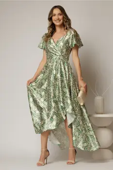 Rochie asimetrica din satin cu imprimeuri verzi si decolteu petrecut imagine