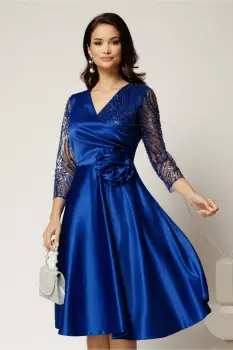 Rochie Azaleea midi albastra din tafta cu paiete la bust si funda maxi in talie imagine