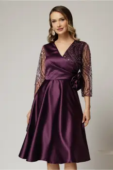 Rochie Azaleea midi mov din tafta cu paiete la bust si funda maxi in talie imagine
