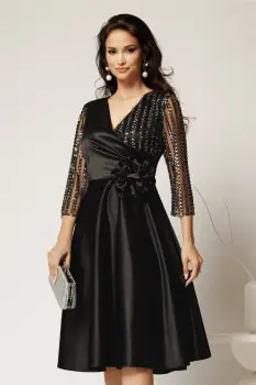 Rochie Azaleea midi neagra din tafta cu paiete la bust si funda maxi in talie imagine