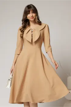 Rochie bej clos de ocazie cu guler maxi si nasturi perluta imagine