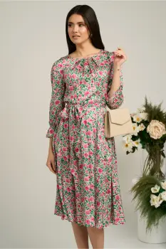 Rochie bej cu flori fucsia si cordon in talie din satin imagine