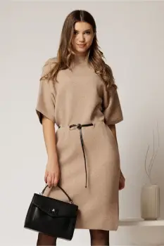 Rochie bej din tricot cu maneci fluture si curea in talie imagine