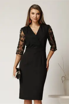 Rochie Bella midi neagra din stofa cu bust si maneci din dantela imagine