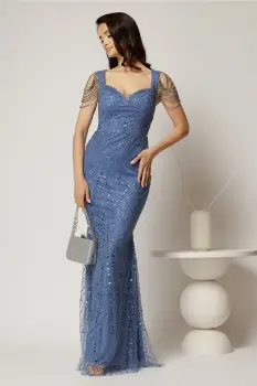 Rochie bleu de seara croi sirena cu aplicatii de paiete si margele imagine