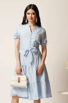 Rochie bleu din viscoza in clos cu cordon in talie imagine