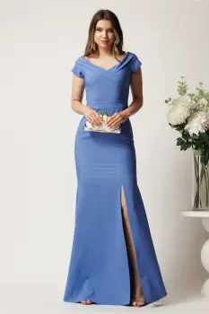 Rochie bleu lunga din stofa cu decolteu barcuta si crapatura pe picior- LaDonna imagine