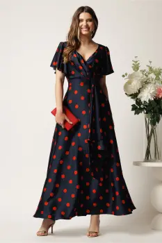 Rochie bleumarin lunga din satin in clos cu buline rosii si volan imagine