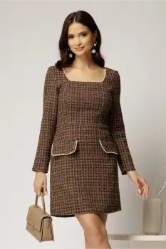 Rochie Bonnie bej din tweed cu lurex si perle imagine