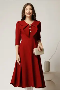 Rochie bordo clos de ocazie cu guler maxi si nasturi perluta imagine