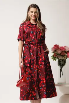 Rochie bordo tip camasa din bumbac cu flori rosii si cordon in talie imagine