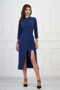 Rochie Carmen bleumarin cu catarama si cordon in talie imagine