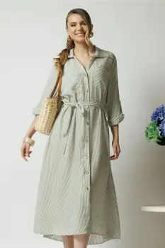 Rochie casual din panza ivory cu dungi kaki si nasturi imagine