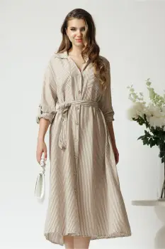 Rochie casual din panza ivory cu dungi maro si nasturi imagine