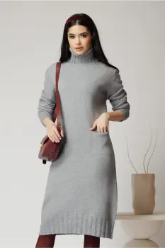 Rochie casual din tricot gri cu buzunare imagine