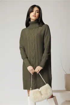 Rochie casual din tricot kaki cu guler inalt si model impletit imagine