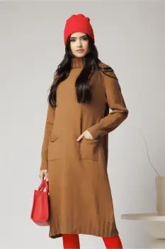 Rochie casual din tricot maro camel cu buzunare imagine