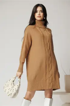 Rochie casual din tricot maro camel cu guler inalt si model impletit imagine