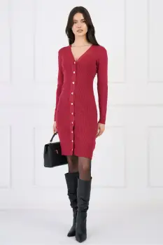 Rochie casual din tricot reiat fucsia cu insertii din fir lurex si nasturi imagine