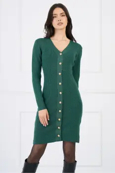Rochie casual din tricot reiat verde cu insertii din fir lurex si nasturi imagine
