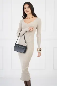 Rochie Clara bej din tricot reiat imagine