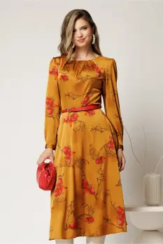 Rochie clos midi galben mustar cu imprimeu si curea in talie imagine