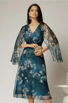 Rochie de ocazie albastru petrol cu imprimeu floral bej si insertii aurii imagine