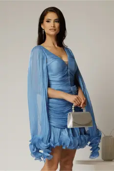 Rochie de ocazie bleu cu maneci vaporoase din voal peliculizat imagine