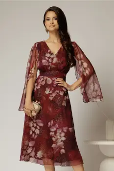 Rochie de ocazie bordo cu imprimeu floral bej si insertii aurii imagine