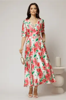 Rochie de ocazie cu imprimeu rosu si verde lunga de ocazie imagine