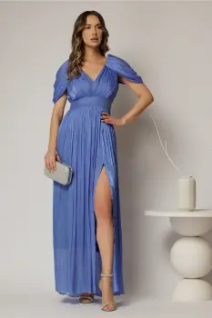 Rochie de seara albastra cu maneci vaporoase din voal peliculizat imagine