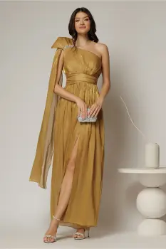 Rochie de seara galben mustar din voal peliculizat cu accesoriu pe umar imagine