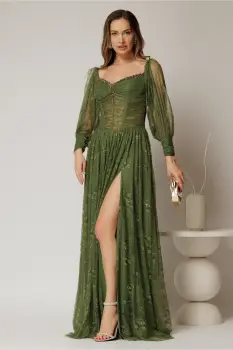 Rochie de seara kaki din dantela cu decolteu tip corset imagine