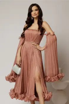 Rochie de seara roz coniac cu volanase din voal cu pelicula si maneci detasabile imagine