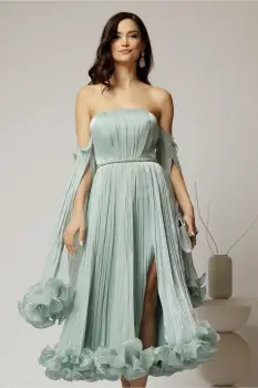 Rochie de seara verde mint cu volanase din voal cu pelicula si maneci detasabile imagine