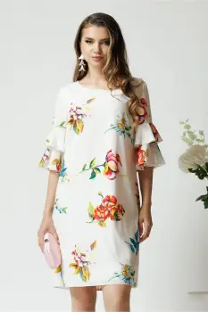 Rochie de zi din viscoza alba cu imprimeuri florale colorate imagine