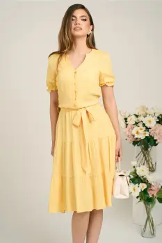 Rochie de zi din viscoza galbena cu nasturi la bust si cordon in talie imagine