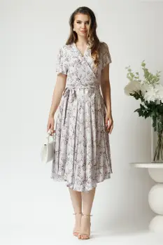 Rochie de zi din viscoza gri cu imprimeu si cordon in talie imagine