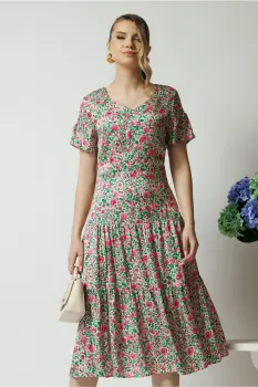 Rochie de zi din viscoza satinata ivory cu floricele roz imagine