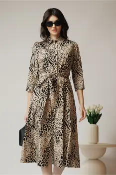 Rochie de zi tip camasa din bumbac bej cu animal print si cordon in talie imagine