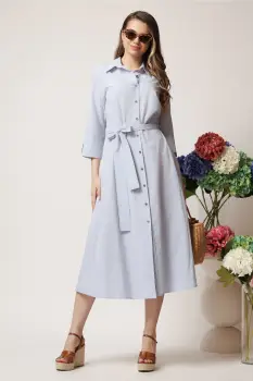 Rochie de zi tip camasa din bumbac gri cu cordon in talie imagine