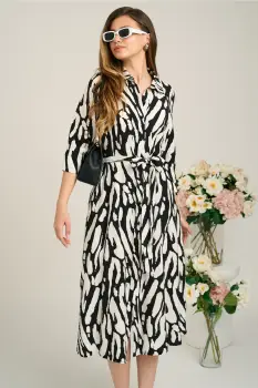 Rochie de zi tip camasa din crep neagra cu imprimeu alb si cordon in talie imagine