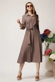 Rochie de zi tip camasa din viscoza maro cu cordon in talie imagine