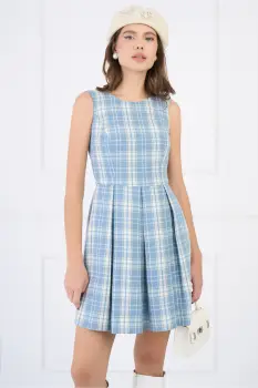 Rochie din lana bleu cu carouri tip sarafan imagine