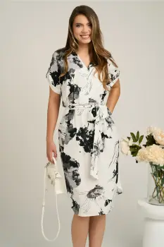 Rochie din panza alba cu imprimeuri gri si cordon in talie imagine