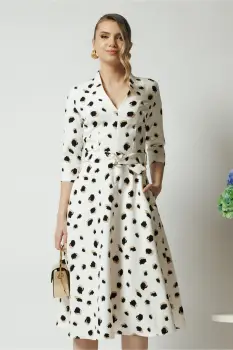 Rochie din stofa alba midi de zi cu imprimeuri bej si decolteu imagine