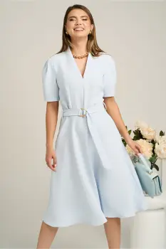 Rochie din stofa bleu cu cordon in talie si decoteu in V imagine