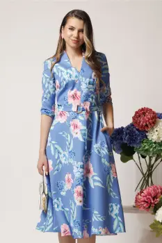 Rochie din stofa bleu midi de zi cu imprimeuri florale roz si decolteu imagine